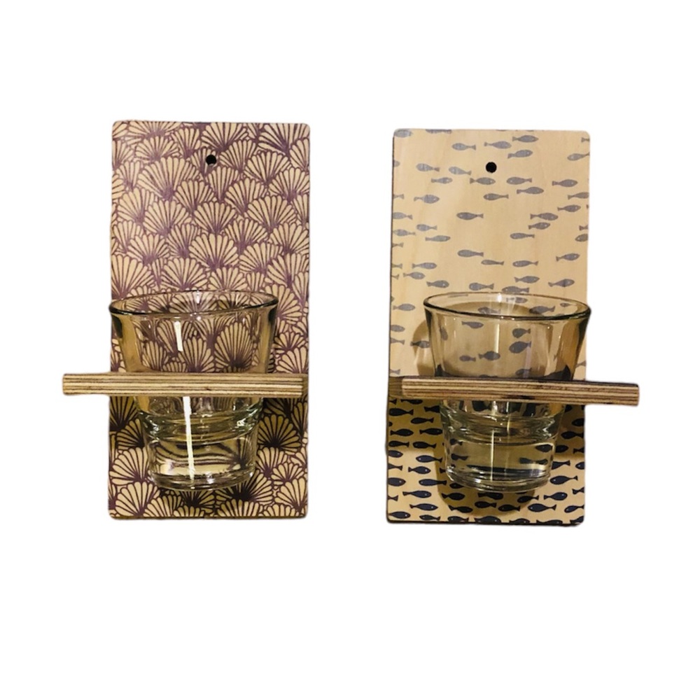 Two wooden candle wall sconces from CB2